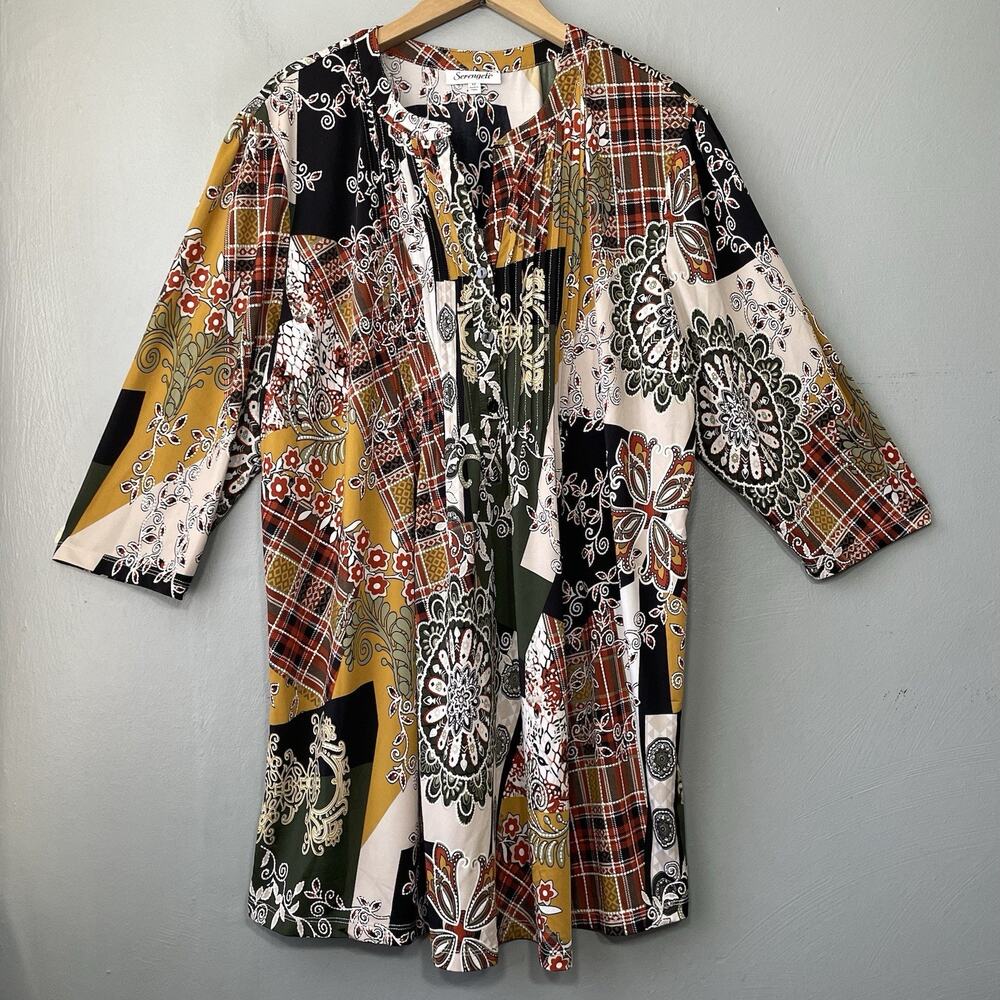 Serengeti Tunic Top Plus Size 1X Earthy Boho Patchwork Stretch Easy Care Pintuck